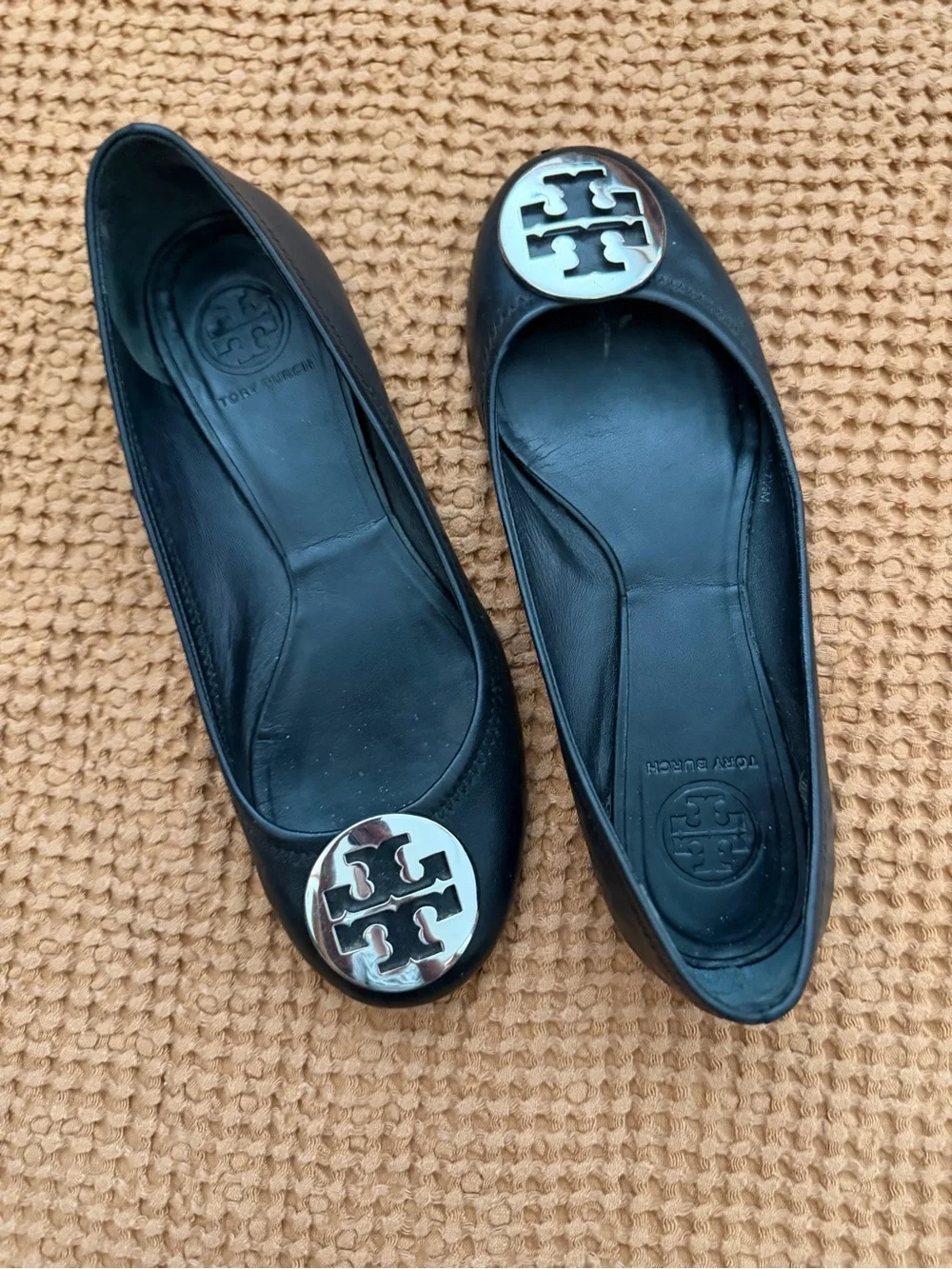 Tory Burch Black Leather Logo Medallion Ballet Flats